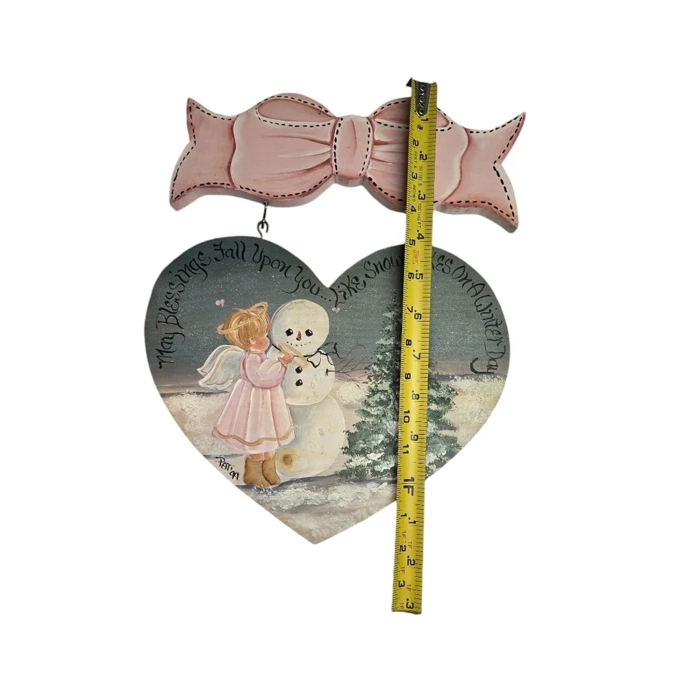 Hand Crafted Winter Decoration Wood Plaque Snowman Angel Blessings Blue Pink
